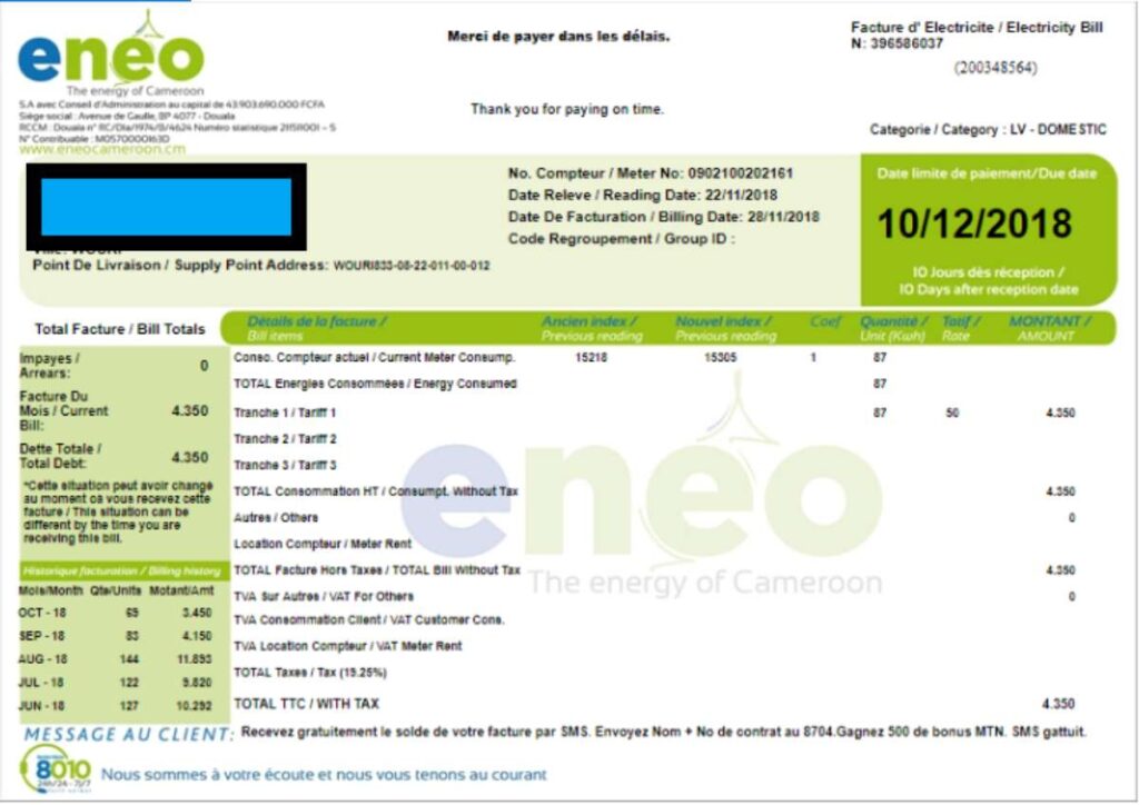Sample ENEO bill invoice